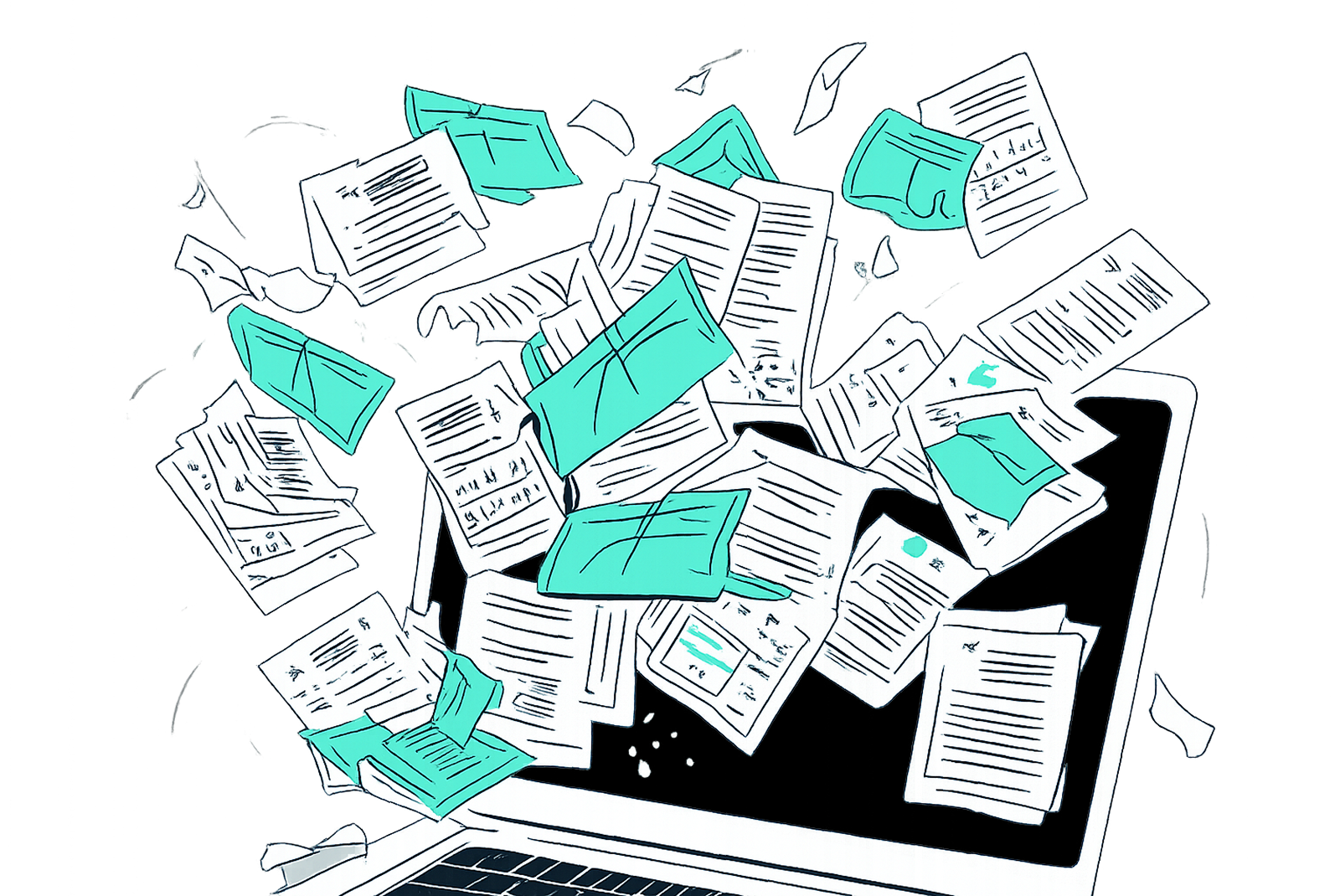 Image illustrating receipts flying out of a computer screen in confusion